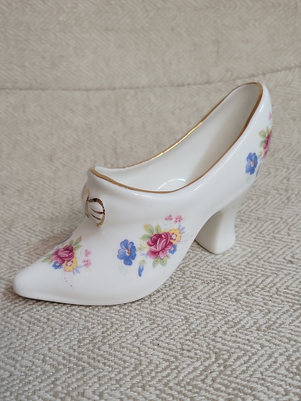 Phildale Vintage White Floral Ceramic Shoe Trinket Dish with Gold Trim ENGLAND